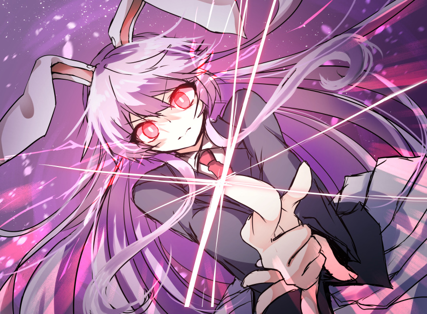 1girl absurdres animal_ears black_jacket bright_pupils closed_mouth collared_shirt commentary_request glowing glowing_eyes highres index_finger_raised jacket kinese_(katasutorohu) light_particles long_hair long_sleeves looking_at_viewer necktie pointy_ears purple_background purple_hair rabbit_ears rabbit_girl red_necktie reisen_udongein_inaba shirt solo touhou v-shaped_eyebrows white_pupils white_shirt