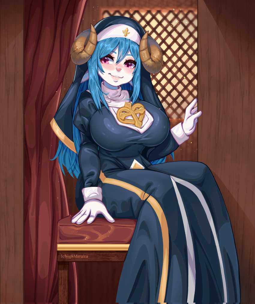 anthro big_breasts blue_hair bovid breasts caprine celestine_(soulblader) clothing confession_booth digital_media_(artwork) dress female gloves hair handwear hi_res ichig8miruku_(artist) kemono looking_aside mammal nun nun_habit nun_outfit pink_nose sheep sitting smile solo tight_clothing white_clothing white_gloves white_handwear