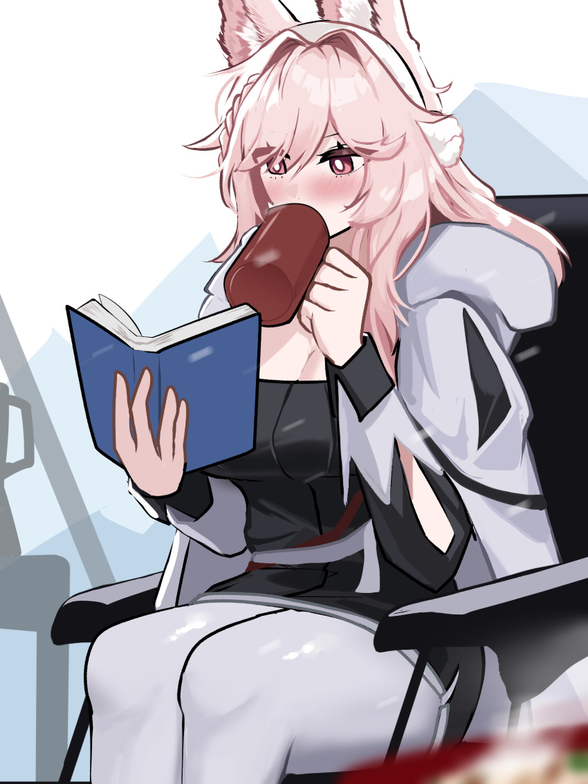 1girl animal_ears arknights blush book breasts chair cleavage commentary cup feet_out_of_frame grey_pants hair_intakes hairband highres holding holding_book holding_cup leggings long_hair long_sleeves mug pants pink_eyes pink_hair pozyomka_(arknights) pozyomka_(snowy_plains_in_words)_(arknights) sitting solo thighs tofudofu white_hairband wolf_ears