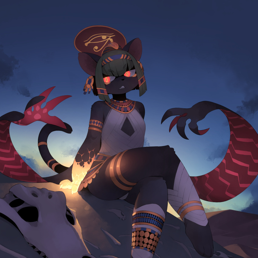 1:1 2023 anthro barefoot bone clothed clothing deity desert digital_media_(artwork) egyptian_clothing egyptian_mythology feet felid feline female female_anthro flat_chested fur hair hi_res kamukamu6392 kemono mammal middle_eastern_mythology mythology night outside sand sekhmet skull sky solo tail toes