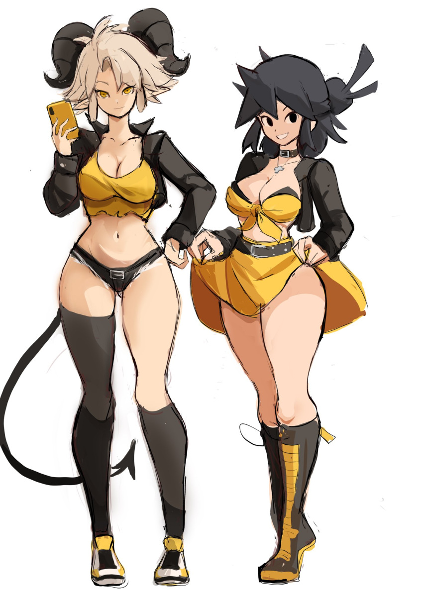 2girls asymmetrical_legwear belt black_belt black_choker black_eyes black_hair black_horns black_jacket black_shorts black_socks black_tail black_thighhighs borrowed_character breasts choker cleavage demon_tail full_body highres holding holding_phone horns jacket jewelry lucia_(scott_malin) micro_shorts multiple_girls necklace original phone photoshop_(medium) pointy_ears rakeemspoon shorts simple_background skirt socks standing susan_(rakeemspoon) tail thighhighs white_background white_hair yellow_crop_top yellow_eyes yellow_skirt