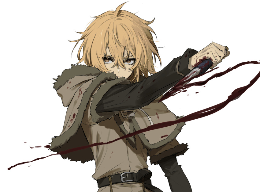 1boy blonde_hair blood brown_eyes dagger fighting_stance fur_trim highres holding holding_weapon knife looking_at_viewer male_focus short_hair solo tamaon_2525 thorfinn viking vinland_saga weapon