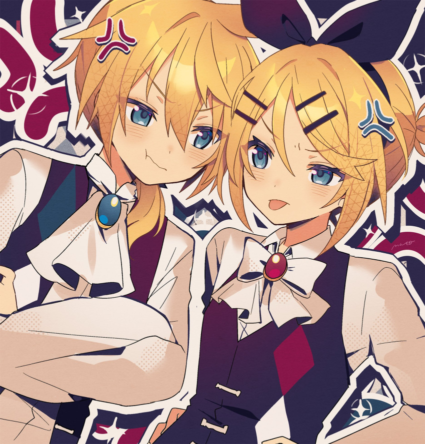 1boy 1girl anger_vein black_ribbon blonde_hair blue_eyes bow bowtie closed_mouth commentary crossed_arms diamond_(shape) hair_between_eyes hair_ribbon highres kagamine_len kagamine_rin long_sleeves miwasiba multiple_hairpins okochama_sensou_(vocaloid) ribbon short_hair signature tongue tongue_out vocaloid white_bow white_bowtie