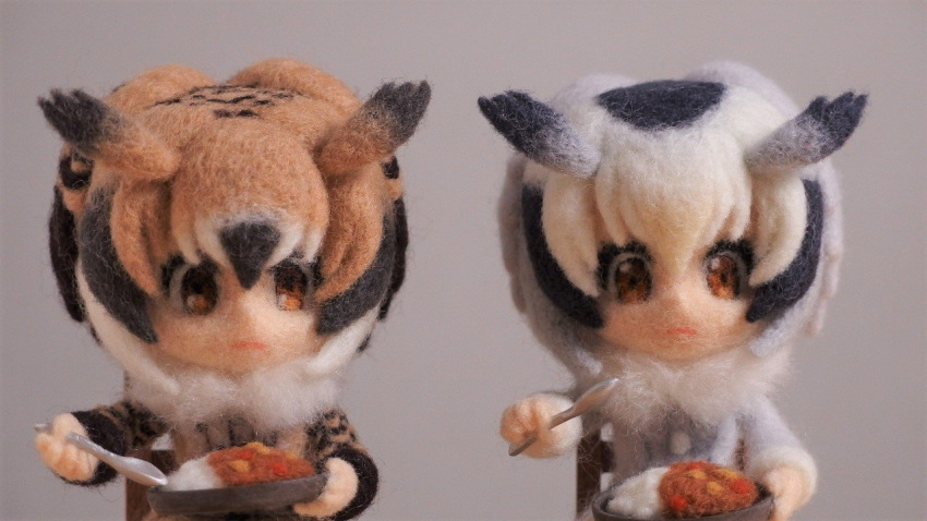 2girls animal_ears black_hair blonde_hair brown_eyes brown_hair chair coat curry curry_rice eurasian_eagle_owl_(kemono_friends) expressionless felt_(medium) food fur_collar grey_background grey_coat grey_hair hair_between_eyes head_wings holding holding_food holding_spoon kemono_friends long_sleeves multicolored_hair multiple_girls musi_imo northern_white-faced_owl_(kemono_friends) owl_ears photo_(medium) rice short_hair sitting spoon white_hair wings