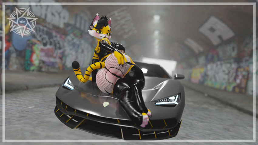 anthro bedroom_eyes big_butt blush butt car clothed clothing ear_piercing exhibitionism felid female fishnet graffiti hi_res lamborghini latex looking_at_viewer looking_back mammal narrowed_eyes opal_the_tiger opalthetiger outside pantherine piercing presenting public rear_view seductive solo stripes tiger vehicle