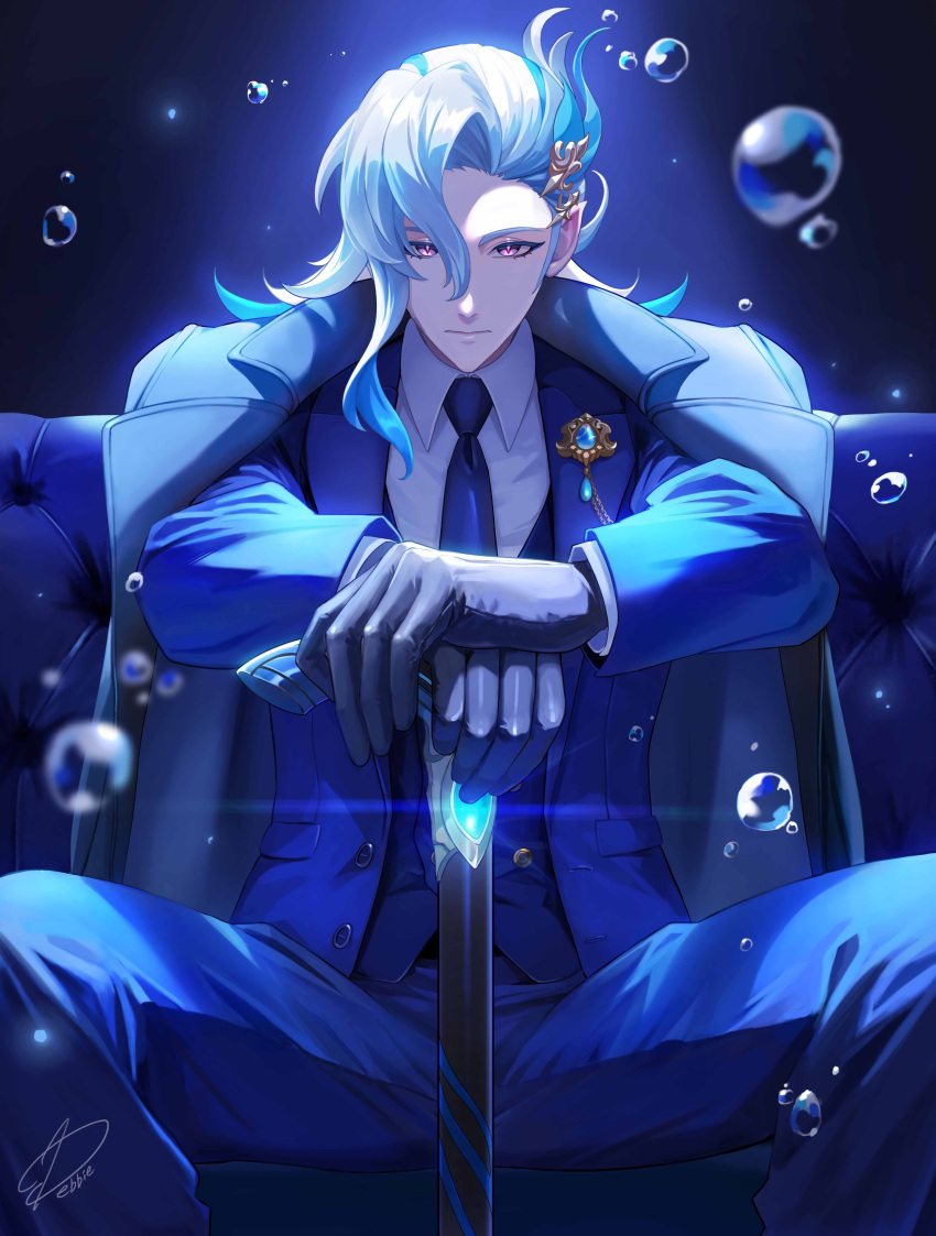 1boy absurdres air_bubble artist_name asymmetrical_bangs black_gloves blue_coat blue_eyeliner blue_gemstone blue_hair blue_jacket blue_necktie blue_pants blue_vest bubble buttons cane closed_mouth coat coat_on_shoulders collared_shirt commentary couch debbie_(debbielu9972) dress_shirt english_commentary expressionless eyeliner gem genshin_impact gloves hair_between_eyes hair_ornament highres jacket lapel_pin lapels long_hair long_sleeves looking_at_viewer makeup male_focus multicolored_hair necktie neuvillette_(genshin_impact) on_couch open_clothes open_jacket pants parted_bangs pointy_ears purple_eyes shirt signature sitting solo streaked_hair suit vest white_hair white_shirt wing_collar