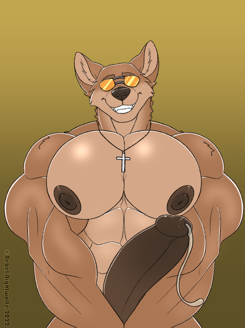 2022 abs absurd_res anthro anthrofied areola artist_name aviator_glasses biceps big_pecs big_penis biped bodily_fluids brown_areola brown_eyebrows brown_nipples brown_nose brown_penis canid canine canis cheek_tuft colored copyright_symbol countershade_face countershade_torso countershading coyote cross cross_necklace darkened_genitalia darkened_penis dated deltoids digital_drawing_(artwork) digital_media_(artwork) eyebrows eyewear eyewear_only facial_tuft fangs front_view fur genital_fluids genitals gradient_background half-length_portrait head_tilt hi_res huge_penis inner_ear_fluff jewelry looking_at_viewer looking_down looking_down_at_viewer male mammal muscular muscular_anthro muscular_male neck_tuft necklace necklace_only nipples nude open_mouth open_smile orange_eyewear orange_sunglasses pecs penis portrait precum precum_string prick_ears rebel_nightwolfe scp-2547-1 scp_foundation shoulder_tuft simple_background smile solo sunglasses sunglasses_only symbol tan_body tan_fur tan_tuft teeth triceps tuft yellow_background