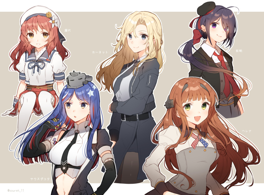 5girls :d ahoge american_flag american_flag_print ariake_(kancolle) belt belt_buckle beret black_belt black_gloves black_headwear black_jacket black_necktie black_skirt blazer blonde_hair blue_eyes blue_hair blue_sailor_collar blunt_bangs blush bomber_jacket breasts brown_hair buckle buttons character_name closed_mouth collared_shirt crop_top elbow_gloves fingerless_gloves flag_print flower gloves gradient_hair green_eyes grey_eyes grey_skirt hat hat_flower helena_(kancolle) hiiragi_souren hornet_(kancolle) jacket juliet_sleeves kantai_collection large_breasts long_hair long_sleeves low_ponytail military military_uniform multicolored_hair multiple_girls navel necktie open_clothes open_jacket open_mouth pantyhose parted_lips pencil_skirt pleated_skirt puffy_sleeves purple_eyes purple_hair red_hair red_necktie red_skirt sailor_collar sailor_hat sailor_shirt shirt short_sleeves skirt sleeveless sleeveless_shirt smile south_dakota_(kancolle) south_dakota_kai_(kancolle) star_(symbol) star_print thighhighs twitter_username uniform wavy_hair white_flower white_gloves white_hair white_headwear white_shirt yashiro_(kancolle) yellow_eyes yellow_flower zipper zipper_pull_tab