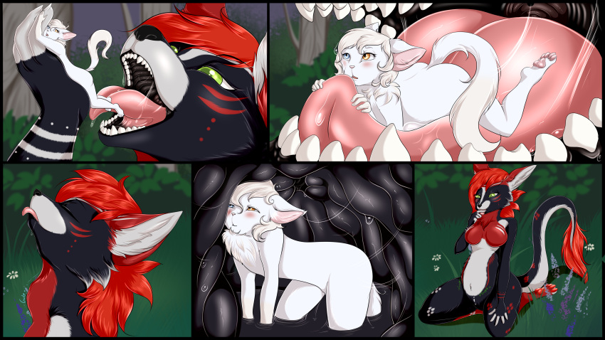 absurd_res anthro anthro_pred anthro_prey anz(snoutdevout) black_internal blush bodily_fluids breasts canid canine canine_hybrid cinder_(marley_n_friends) dragon dragon_hybrid drooling duo extreme_size_difference facial_markings fangs felid feline female finger_fetish finger_lick finger_play fingers forest forest_background fur green_eyes gulp_(sound_effect) hair happy head_markings head_tilted_back hi_res imminent_digestion imminent_vore inside_stomach internal invalid_background invalid_tag larger_female larger_female_smaller_male larger_pred licking lying_on_tongue male male/female mammal markings mawplay micro mous69 multicolored_body multicolored_eyes multicolored_fur nature nature_background neck_bulge open_mouth oral_vore organs plant predator/prey red_hair rumbling_stomach saliva saliva_string size_difference smaller_male smaller_prey stomach stomach_acid swallowing teeth tongue tongue_out tree vore white_body white_fur worried worried_face worried_look