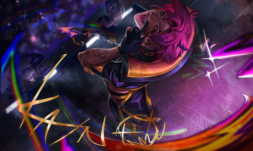 3boys arm_tattoo black_gloves black_jacket black_nails black_pants darkin_(league_of_legends) demon demon_boy gloves heartsteel_(league_of_legends) heartsteel_kayn heterochromia highres holding holding_scythe holding_weapon jacket kayn_(league_of_legends) league_of_legends looking_at_viewer male_focus monkae_(m0nkaeee) multiple_boys pants pink_hair rhaast scythe short_hair tattoo tongue tongue_out weapon