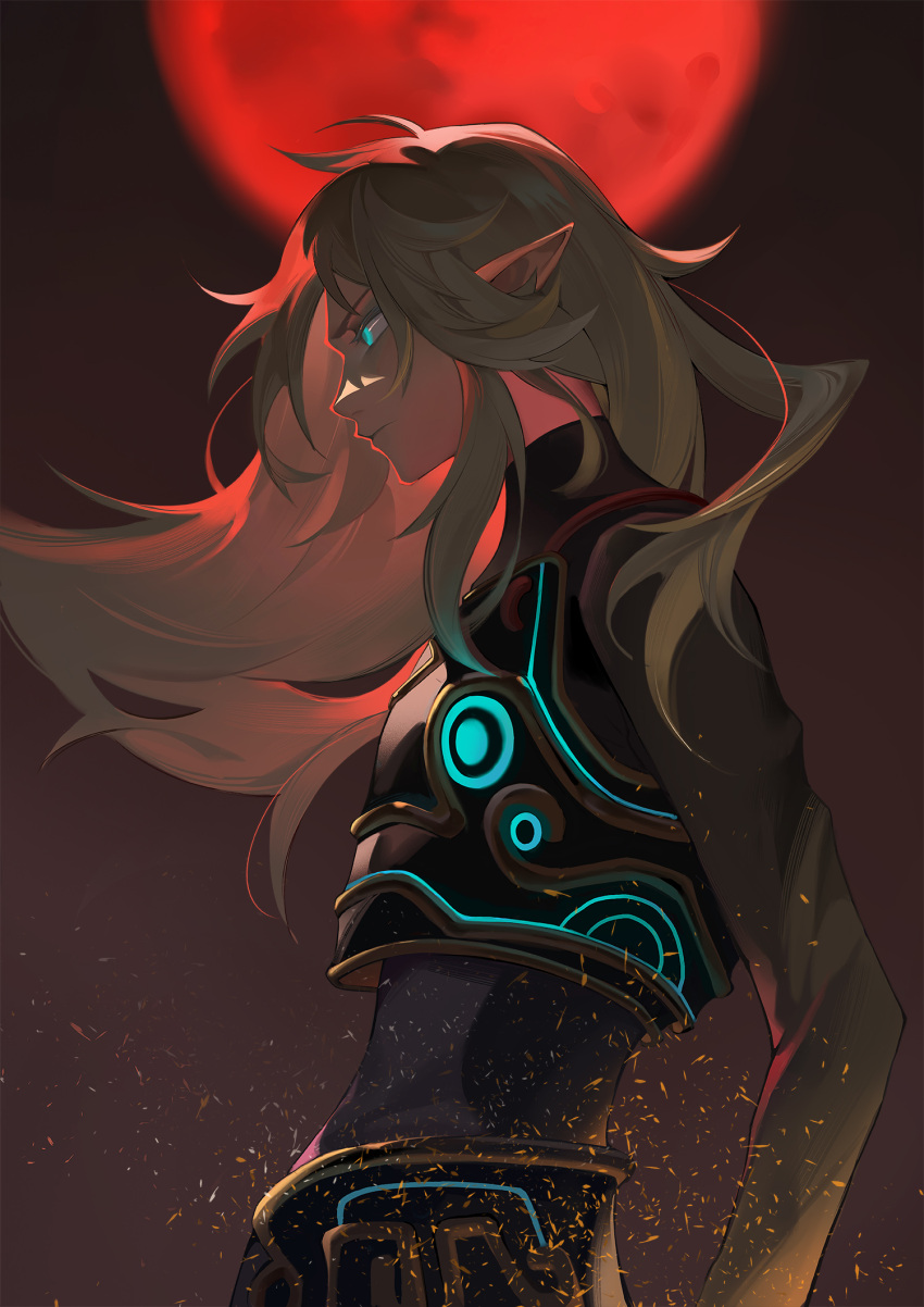 1boy armor backlighting blonde_hair blue_eyes breastplate brown_background cowboy_shot floating_hair from_side glowing glowing_armor glowing_eye highres link long_hair long_sleeves looking_ahead male_focus moon pointy_ears profile red_moon serious solo sparks standing the_legend_of_zelda the_legend_of_zelda:_breath_of_the_wild turtleneck twigy_(2416427243)