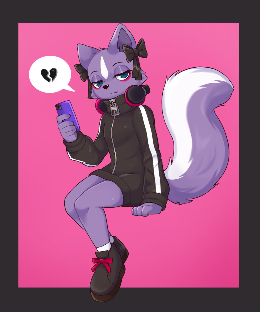 &lt;3 2023 5:6 aggressive_retsuko anthro artkett1412 blue_eyes bow_ribbon cellphone clothing eyebrows eyelashes female footwear fur headphones hi_res holding_cellphone holding_object holding_phone holding_smartphone jacket looking_at_viewer mammal mephitid narrowed_eyes phone pictographics pink_background purple_body purple_fur sanrio shikabane shoes simple_background skunk smartphone solo topwear white_body white_fur zipper