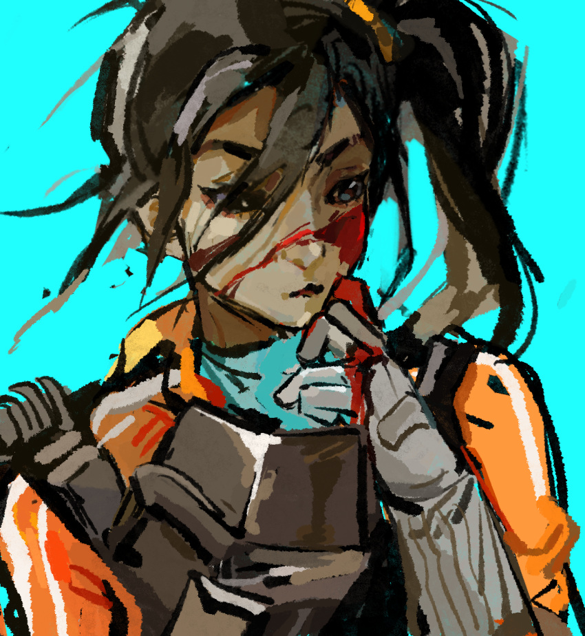 1girl animification anmiboer apex_legends blood blood_on_face blood_on_hands blue_eyes blue_shirt brown_hair chest_harness chinese_commentary dark-skinned_female dark_skin floating_hair gloves grey_gloves harness highres jacket looking_to_the_side orange_jacket portrait rampart_(apex_legends) shirt solo v-shaped_eyebrows wide_ponytail