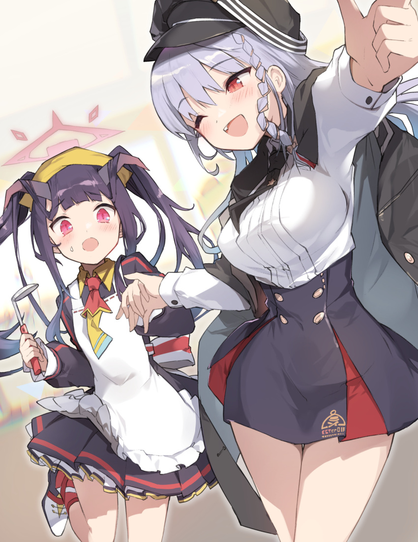 2girls apron black_dress black_horns black_jacket black_necktie black_skirt blue_archive blunt_bangs blurry blurry_background blush braid commentary_request cropped_legs demon_girl demon_horns dress feet_out_of_frame fuuka_(blue_archive) grey_hair halo haruna_(blue_archive) high-waist_skirt highres holding_hands holding_utensil horns jacket jacket_on_shoulders long_sleeves looking_at_another miya_kazutomo multiple_girls necktie one_eye_closed open_mouth puffy_long_sleeves puffy_sleeves red_eyes red_halo shirt single_braid skirt slit_pupils twintails white_apron white_shirt yellow_headwear yellow_necktie