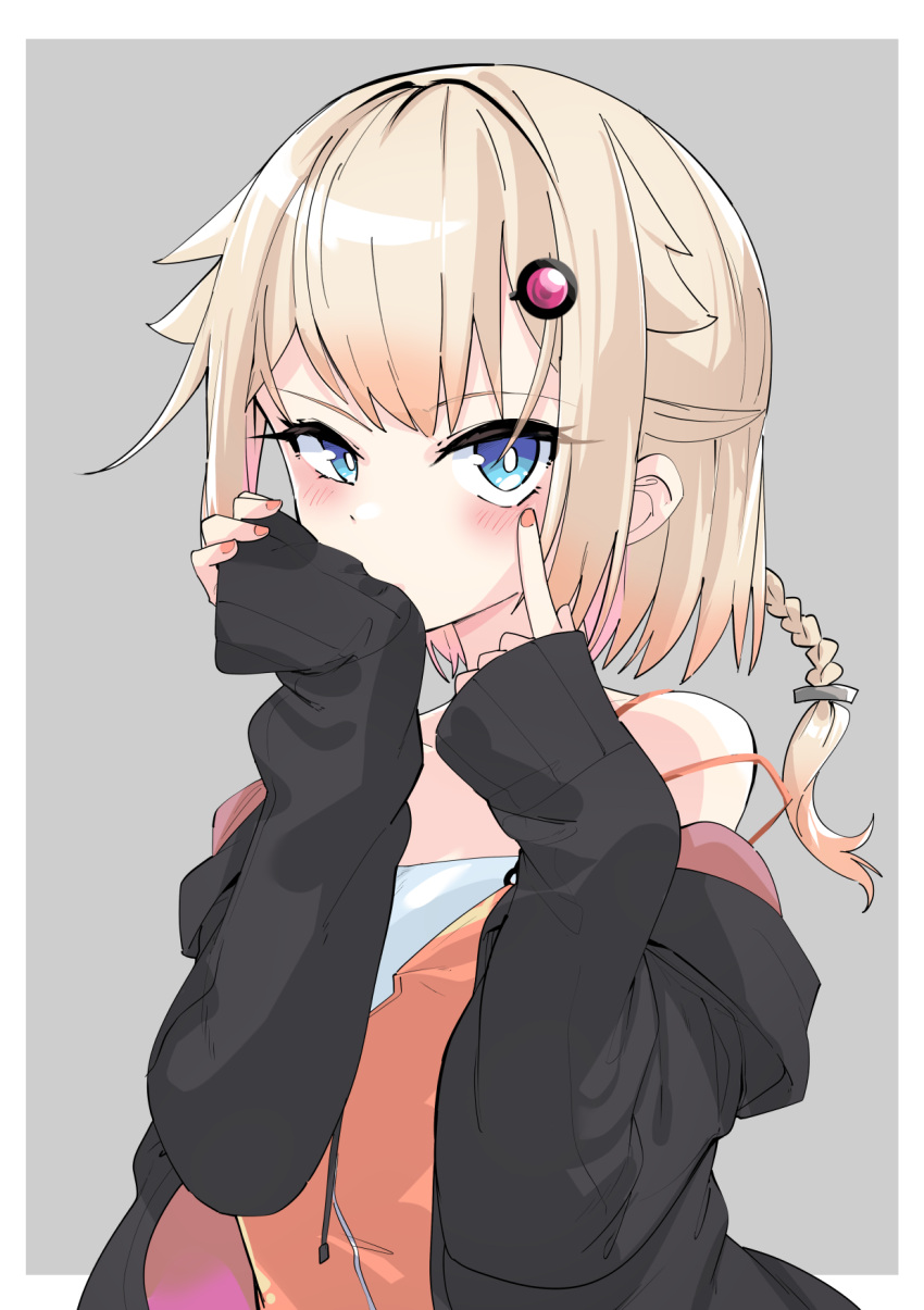 1girl akanbe bare_shoulders biting biting_clothes black_jacket blonde_hair blue_eyes blush border braid bright_pupils cevio commentary_request gradient_hair grey_background hair_flaps hair_ornament hands_up highres jacket jacket_partially_removed looking_at_viewer medium_hair multicolored_clothes multicolored_hair multicolored_jacket one_(cevio) open_clothes open_jacket orange_camisole orange_hair orange_nails outside_border red_jacket sleeves_past_wrists solo spaghetti_strap tongue tongue_out two-tone_jacket uneven_eyes upper_body white_border white_pupils zooanime