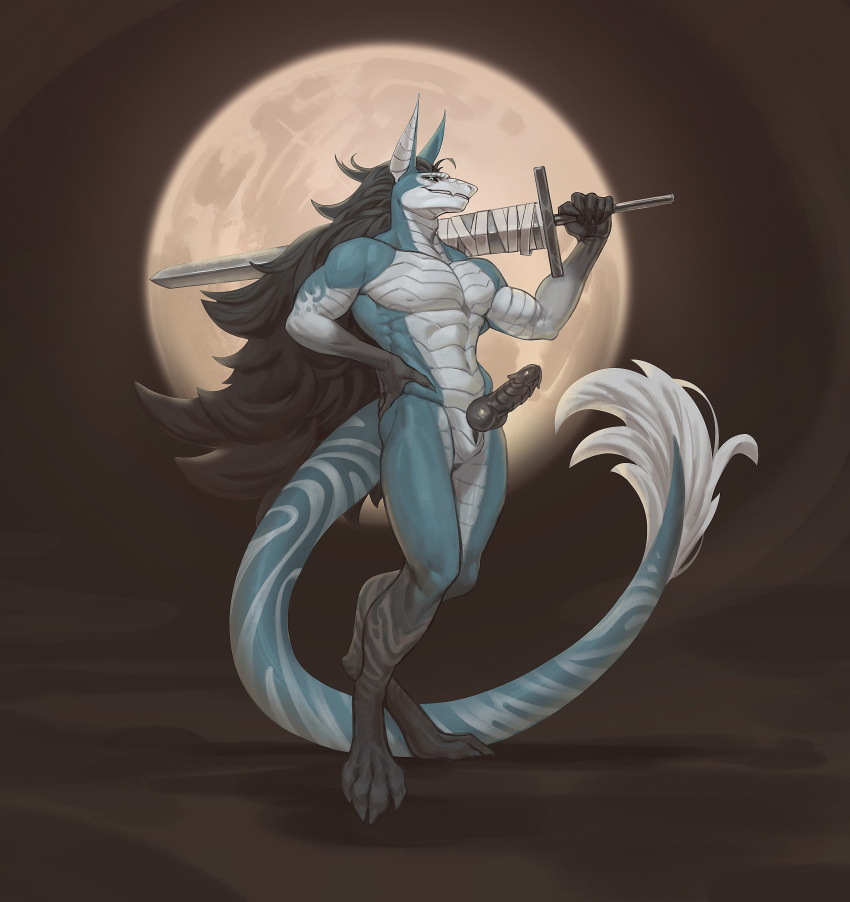 absurd_res animal_genitalia animal_penis anthro digital_drawing_(artwork) digital_media_(artwork) dragon edvardiko erection genitals hair hi_res holding_object holding_weapon knot long_hair looking_at_viewer male markings melee_weapon moon nipples nude pecs penis scalie shaded sheath slit smile solo sword tail tail_tuft tuft weapon