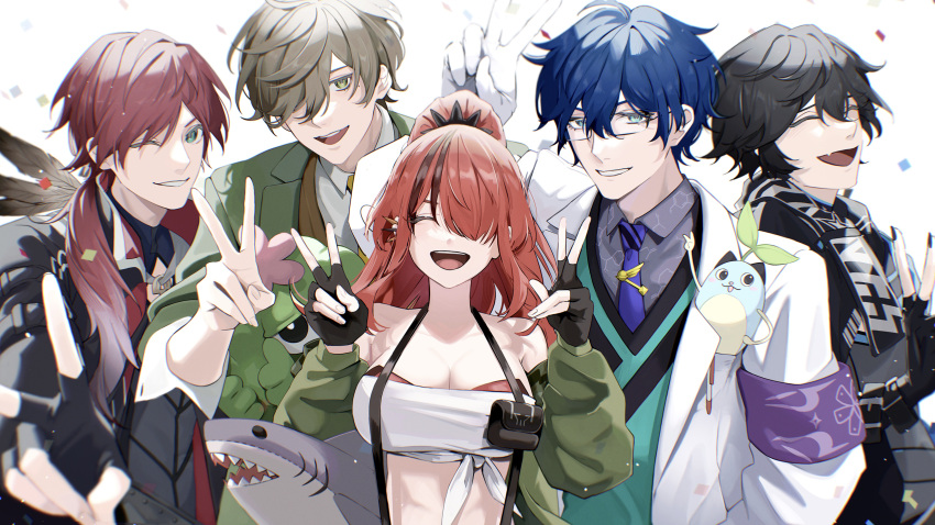 1girl 4boys :d ^_^ absurdres armband axia_krone axia_krone_(1st_costume) bandeau bare_shoulders black_gloves black_hair black_jacket blue_eyes blue_hair closed_eyes commentary_request double_v eden-gumi facing_viewer glasses gloves green_eyes green_jacket grey_eyes grey_hair grin hands_up highres jacket lain_paterson lain_paterson_(1st_costume) lauren_iroas lauren_iroas_(1st_costume) leos_vincent long_hair looking_at_viewer midriff multicolored_hair multiple_boys nijisanji off_shoulder oliver_evans oliver_evans_(1st_costume) one_eye_closed open_clothes open_jacket open_mouth pouch red_hair shiota_binro short_hair simple_background smile stomach strapless streaked_hair stuffed_animal stuffed_shark stuffed_toy suspenders tube_top upper_body v very_long_hair white_background white_jacket