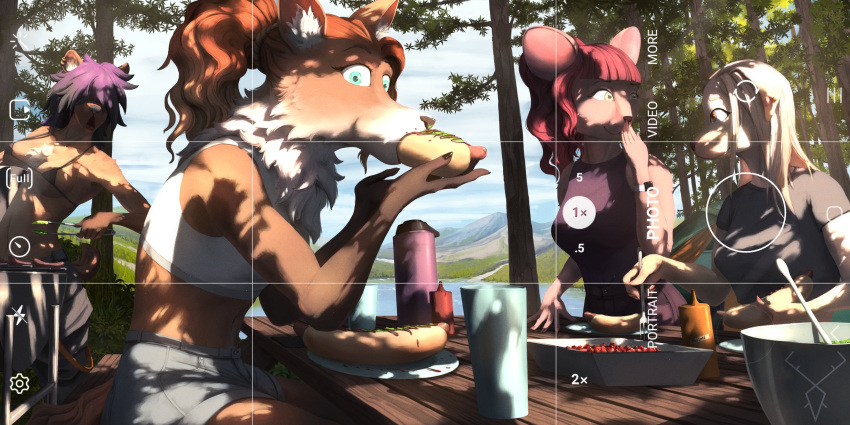 absurd_res anthro axislewdsrep bench bikini bikini_top biped black_nose blue_eyes bottomwear bowl breasts brown_body brown_eyes brown_fur brown_nose camera_view canid canine canis chest_tuft clothed clothing cloud cloudscape container covering covering_mouth crop_top cutlery domestic_dog eating eating_food female food fork fox fur furniture group hair hair_over_eyes hi_res holding_food holding_object hot_dog inner_ear_fluff ketchup kitchen_utensils long_hair mammal mountain mouse mouth_closed murid murine mustard neck_tuft open_mouth orange_hair outside pink_hair plant ponytail purple_hair rodent shirt short_hair short_tail shorts sky swimwear table tail tan_body tan_fur tied_hair tongs tools topwear tree tuft white_body white_fur white_hair yellow_eyes