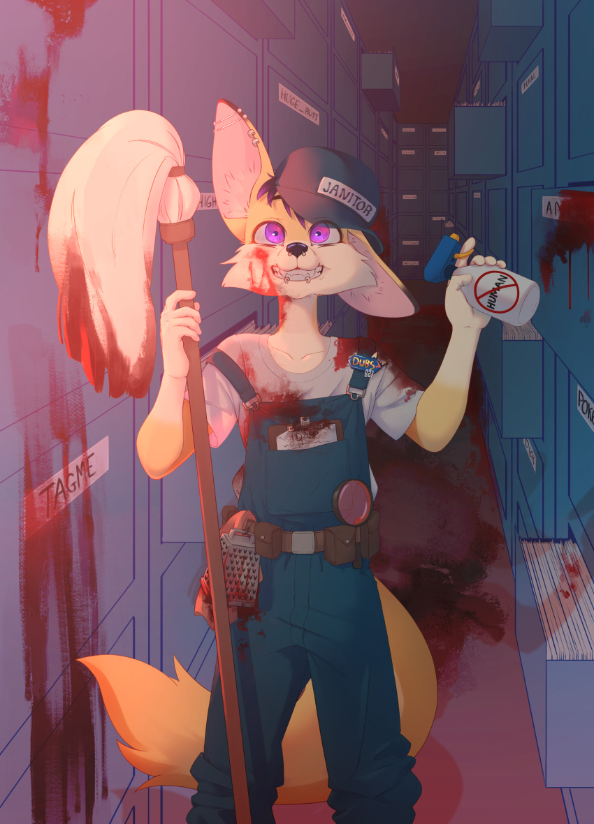absurd_res anthro archive black_hair blood blood_on_face blood_on_ground blood_on_shirt blue_clothing blue_hat blue_headwear blue_overalls bodily_fluids brown_belt canid canine cheese_grater clipboard clothed clothing dubsthefox ear_piercing facial_piercing fangs fennec fox front_view fur glistening glistening_eyes gore grey_clothing grey_shirt grey_t-shirt grey_topwear grin hair hat headgear headwear hi_res industrial_piercing industrial_piercing_ladder inside janitor light_body light_fur lip_piercing lip_ring looking_at_viewer magnifying_glass male mammal multicolored_hair nononge nose_piercing orange_body orange_fur overalls piercing purple_eyes purple_hair ring_piercing septum_piercing shirt small_eyes smile solo standing t-shirt tan_body tan_fur teeth topwear two_tone_hair young