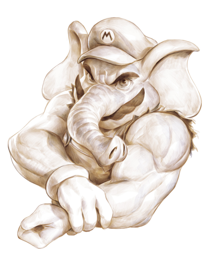 1boy cropped_torso dave_rapoza elephant_boy elephant_ears english_commentary facial_hair furry furry_male gloves hat highres looking_at_viewer male_focus mario mario_(series) muscular muscular_male mustache solo upper_body