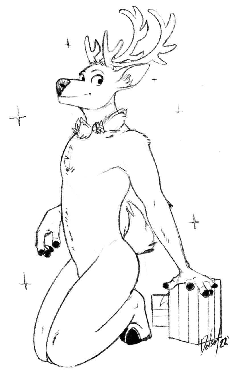 anthro antlers bowtielion christmas christmas_decorations christmas_present deer featureless_crotch gift glitter_buck hi_res holidays hooves horn jewelry kneeling looking_at_viewer male mammal monochrome necklace nude philips_(company) smiles sparkles