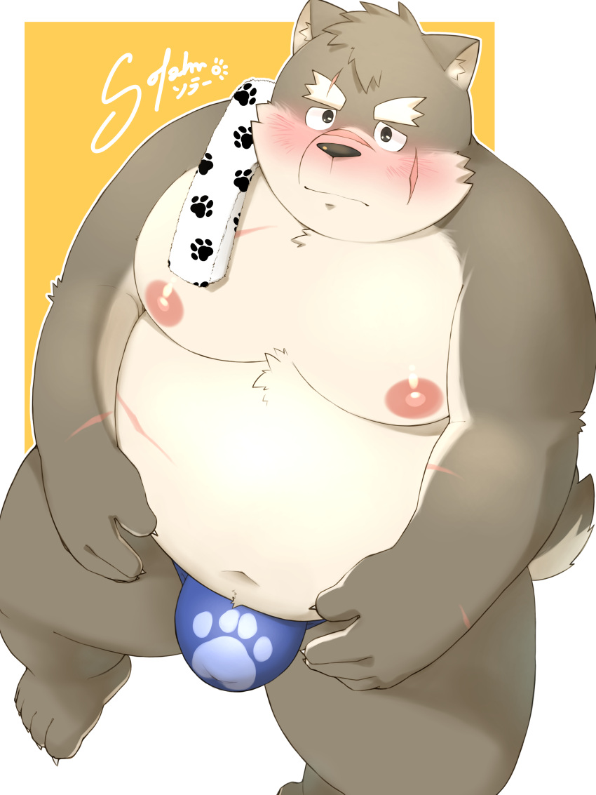 3:4 5_fingers 5_toes absurd_res anthro blush canid canine canis clothing domestic_dog embarrassed eyebrows feet fingers hi_res kayashima_soru looking_at_viewer male mammal moobs moritaka nipples overweight overweight_male scar solo swimwear swimwear_only tail toes towel