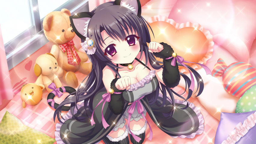 1girl animal_ears bell black_camisole black_choker black_hair black_thighhighs bloomers blue_gemstone breasts camisole cat_ears cat_tail choker cleavage closed_mouth collarbone dot_nose fake_animal_ears fake_tail film_grain from_above game_cg gem hair_ornament heart heart_pillow ichikishima_mizuha izumi_tsubasu jingle_bell kneeling long_hair medium_breasts non-web_source official_art on_bed paw_pose pillow purple_eyes re:stage! smile solo striped striped_thighhighs stuffed_animal stuffed_chicken stuffed_dog stuffed_toy tail teddy_bear thighhighs vertical-striped_thighhighs vertical_stripes window