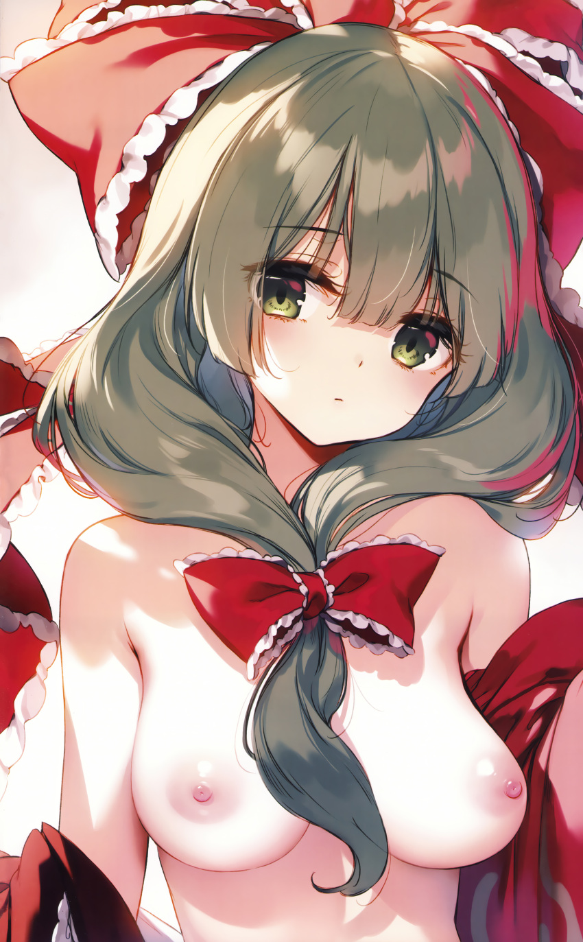 1girl absurdres bare_shoulders blunt_bangs blush bow breasts closed_mouth dress frilled_bow frilled_ribbon frills front_ponytail green_eyes green_hair hair_bow hair_ribbon highres kagiyama_hina ke-ta long_hair looking_at_viewer medium_breasts mountain_of_faith nipples non-web_source red_dress ribbon scan solo touhou undressing