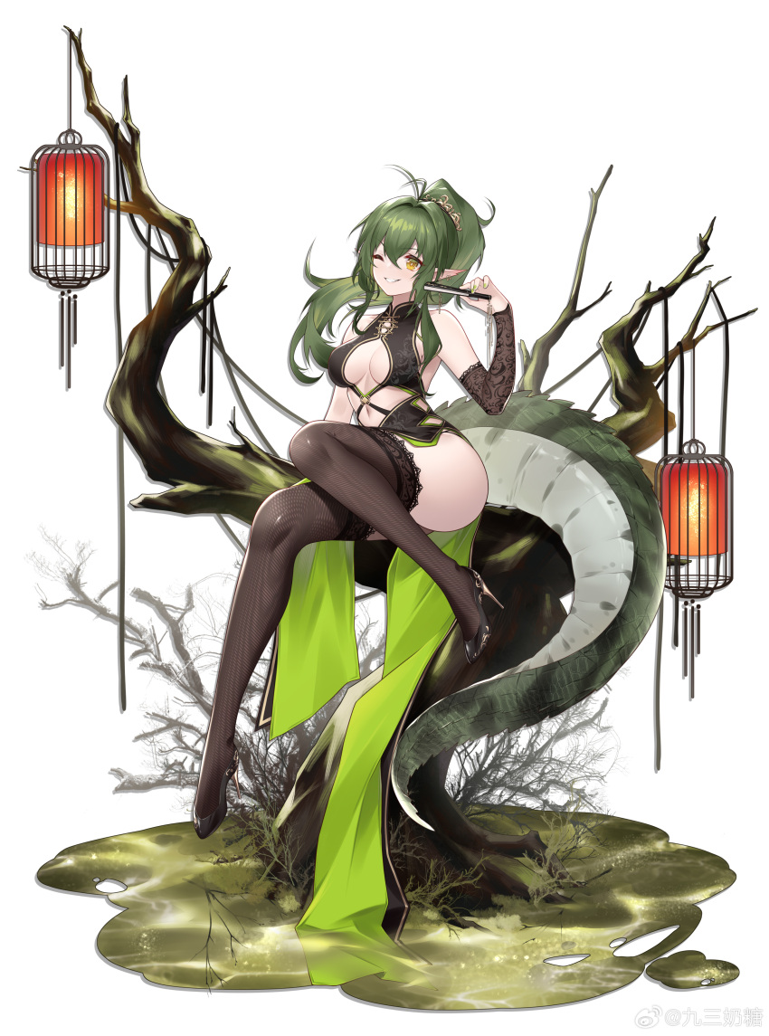 1girl absurdres alternate_costume arknights arm_warmers bare_shoulders bare_tree black_dress black_footwear breasts china_dress chinese_clothes cleavage commentary_request crocodilian_tail cross-laced_clothes cross-laced_dress dress earrings fishnet_thighhighs fishnets folded_fan folding_fan full_body gavial_(arknights) green_hair green_nails green_tail grin hand_fan hand_up high_heels highres holding holding_fan jewelry jiusan_naitang lace-trimmed_thighhighs lantern long_hair looking_at_viewer navel on_tree one_eye_closed pointy_ears ponytail sleeveless sleeveless_dress smile solo tail thighhighs tree underboob