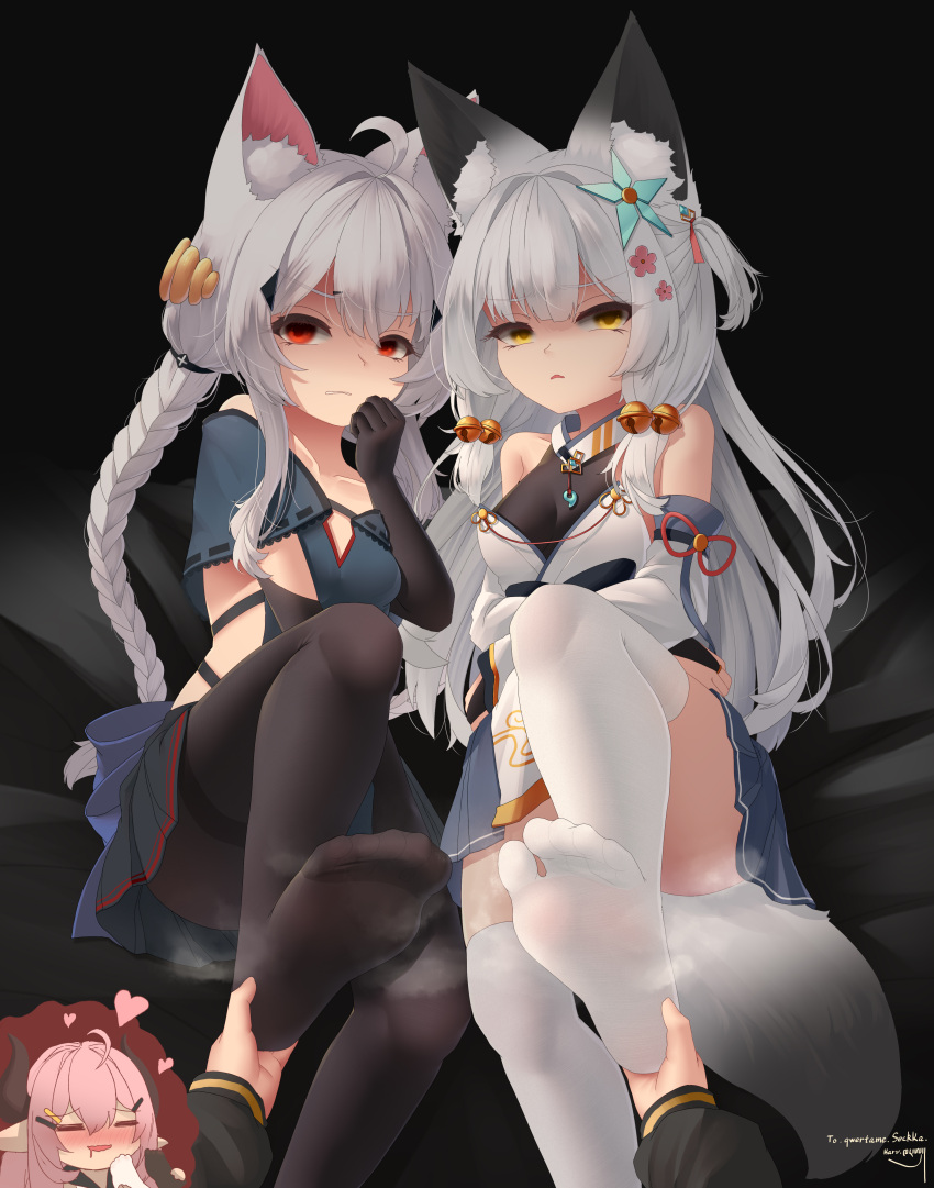 3girls absurdres ahoge animal_ear_fluff animal_ears black_gloves black_pantyhose black_shirt black_skirt blue_skirt borrowed_character braid brown_eyes demon_horns detached_sleeves disgust elbow_gloves empty_eyes feet female_pervert female_pov foot_worship fox_ears fox_girl fox_tail gloves hair_ornament hand_to_own_mouth heart highres holding_another's_foot horns karv legs long_braid long_hair looking_at_viewer multiple_girls no_shoes original pantyhose pervert pink_hair pointy_ears ponytail pov red_eyes shaded_face shirt skirt smelling_feet soles steam tail thighband_pantyhose thighhighs thighs toes very_long_hair white_hair white_shirt white_sleeves white_thighhighs yuri
