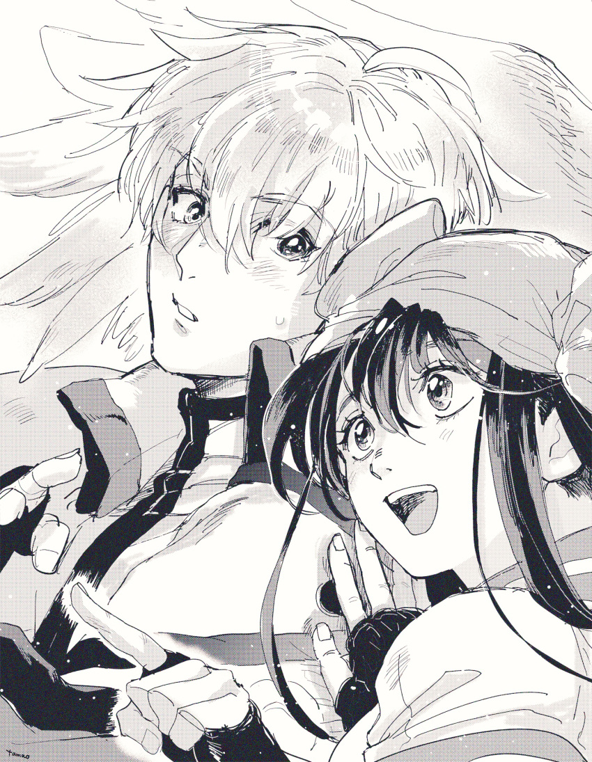 1_ssmk 1boy 1girl black_gloves blonde_hair blush couple crop_top dizzy_(guilty_gear) fingerless_gloves gloves guilty_gear guilty_gear_xx hair_between_eyes highres ky_kiske looking_afar looking_at_another monochrome open_mouth sailor_collar sailor_shirt shirt simple_background single_wing traditional_media white_background wings