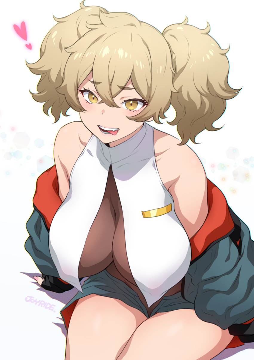 1girl :p artist_name bare_shoulders breasts brown_eyes collarbone commentary crossed_bangs gundam gundam_suisei_no_majo heart highres joy_ride large_breasts light_brown_hair renee_costa short_hair simple_background sitting solo teeth thighs tongue tongue_out white_background