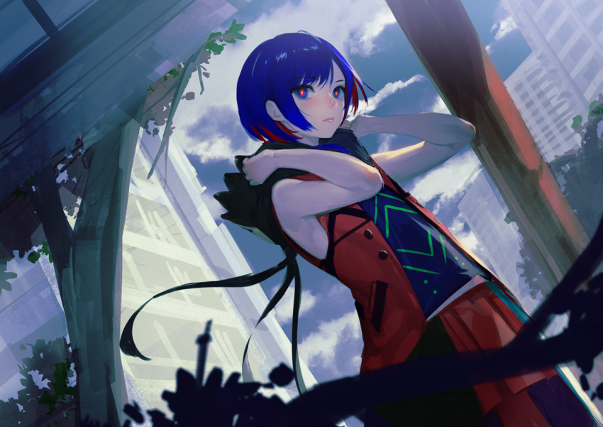 1girl bare_shoulders blue_eyes blue_hair blue_shirt blue_sky building city closed_mouth cloud cloudy_sky colored_inner_hair commentary_request cowboy_shot dutch_angle expressionless foliage from_side hair_over_shoulder hands_up hood hood_grab hooded_jacket jacket kamitsubaki_studio lips looking_at_viewer looking_to_the_side low_ponytail medium_hair multicolored_eyes multicolored_hair open_clothes open_jacket outdoors pleated_skirt red_eyes red_hair red_jacket red_skirt rim_(kamitsubaki_studio) shirt skirt sky sleeveless sleeveless_jacket sleeveless_shirt solo standing takami_masahiro virtual_youtuber yellow_pupils