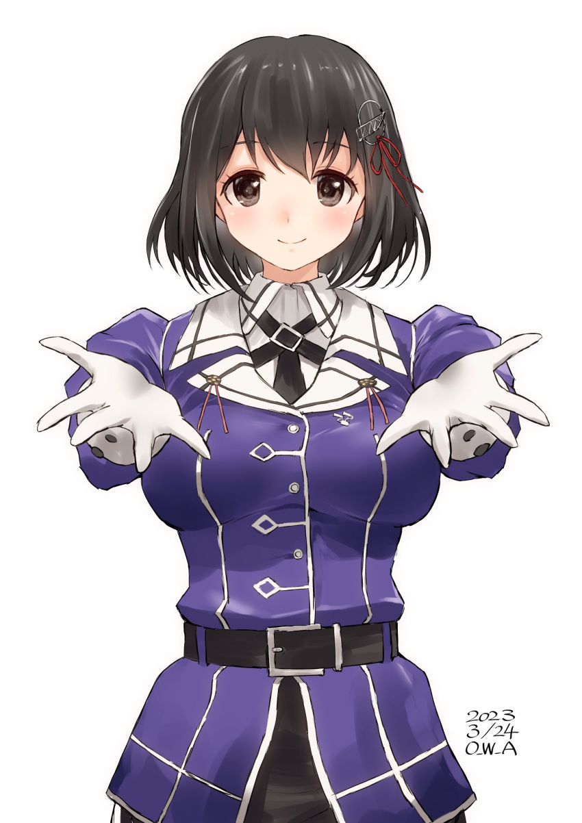 1girl artist_name belt black_hair black_skirt blush breasts brown_eyes dated gloves haguro_(kancolle) haguro_kai_ni_(kancolle) hair_ornament hairclip highres imminent_hug jacket kantai_collection long_sleeves looking_at_viewer medium_breasts military military_uniform owa_(ishtail) pencil_skirt purple_jacket short_hair simple_background skirt smile solo uniform upper_body white_background white_gloves