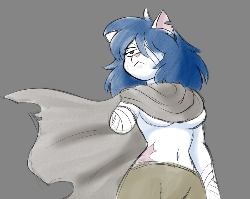 2022 :&lt; amputee anthro bandage bandaged_arm bandaged_eye bandaged_head biped black_eyebrows black_eyelashes blue_eyes blue_hair bottomwear breasts clothed clothing colored colored_sketch digital_drawing_(artwork) digital_media_(artwork) disability domestic_cat eyebrows felid feline felis female female_anthro front_view fur green_bottomwear green_clothing green_shorts grey_background grey_cape guide_lines hair hair_over_eye half-closed_eyes half-length_portrait hi_res kabula_(artist) low-angle_view mammal missing_arm narrowed_eyes navel notched_ear one_eye_obstructed partially_clothed partially_clothed_anthro partially_clothed_female pink_nose pink_scar portrait scar shorts simple_background sketch slim slim_anthro slim_female solo stray_(kabula) stump stump_bandage torn_cape under_boob waist_scar white_body white_breasts white_ear white_fur white_inner_ear |:&lt;