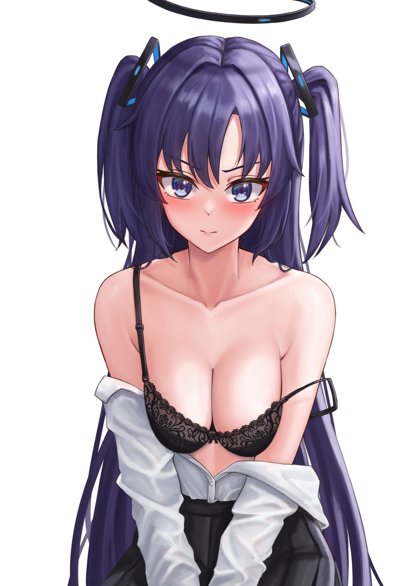 1girl absurdres black_bra black_skirt blue_archive blush bra breasts cleavage closed_mouth collarbone halo highres ilbanseomin long_hair long_sleeves looking_at_viewer mechanical_halo medium_breasts purple_eyes purple_hair shirt simple_background skirt solo two_side_up underwear upper_body white_background white_shirt yuuka_(blue_archive)