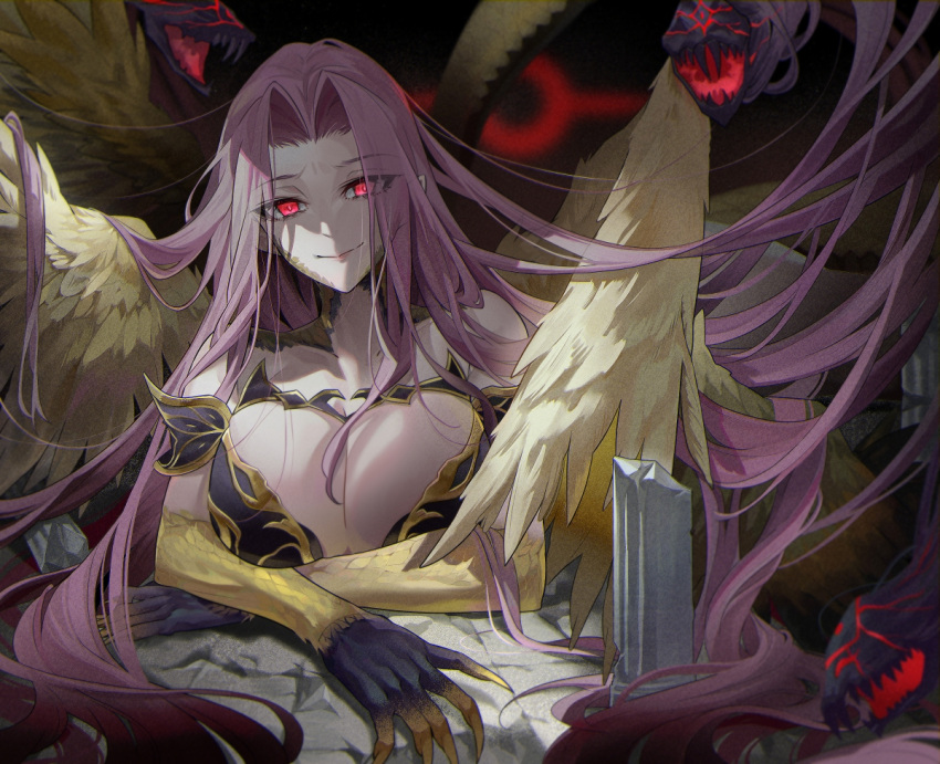 1girl air_(98061035) breasts column fate/grand_order fate_(series) forehead gorgon_(fate) huge_breasts long_hair looking_at_viewer medusa_(fate) pillar purple_hair red_eyes snake snake_hair wings