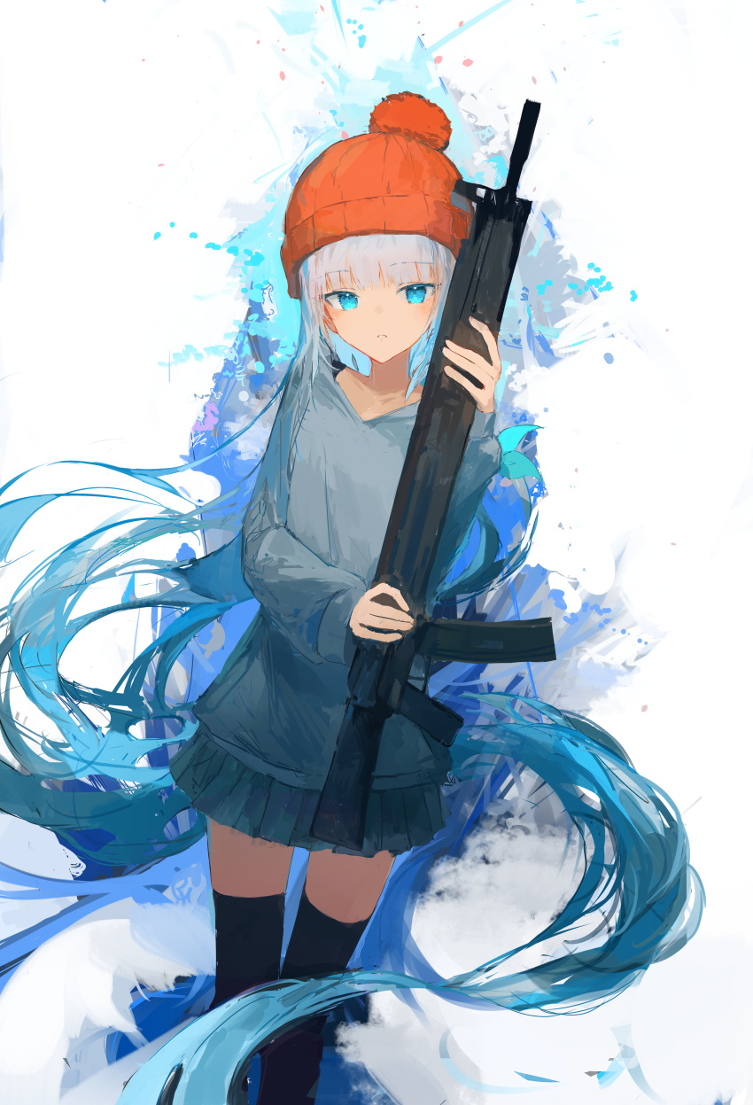 1girl absurdres black_thighhighs blue_eyes blue_hair blunt_bangs collarbone floating_hair gradient_hair grey_skirt grey_sweater gun highres ichika_(ichika87) knit_hat long_hair long_sleeves looking_at_viewer miniskirt multicolored_hair original parted_lips pleated_skirt red_headwear rifle sketch skirt solo standing sweater thighhighs very_long_hair weapon white_hair zettai_ryouiki