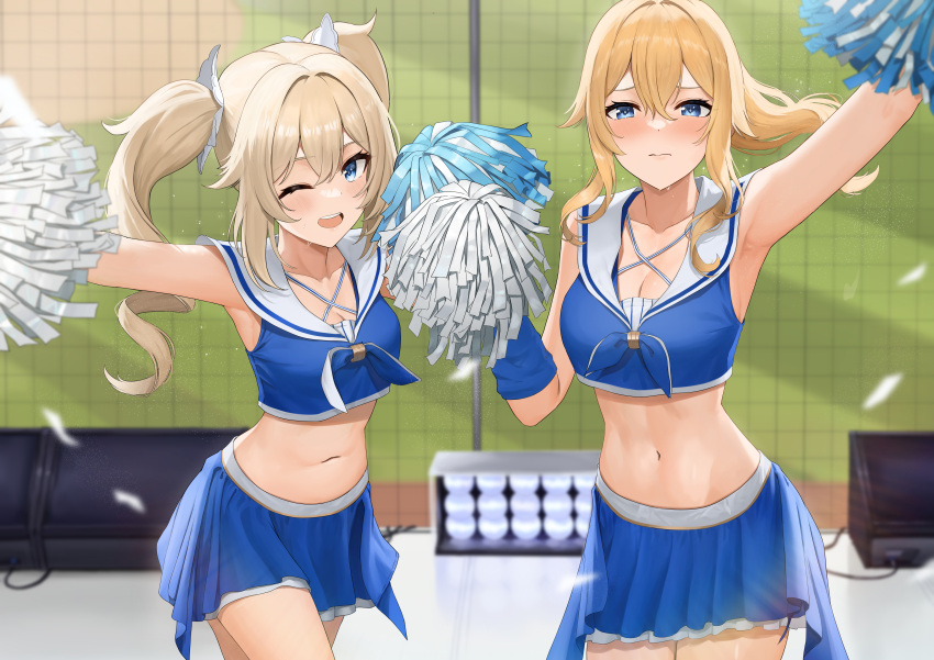 2girls absurdres ayul_(ayulneri_92) barbara_(genshin_impact) bare_shoulders blonde_hair blue_eyes blue_shirt blue_skirt blush breasts cheerleader cleavage collarbone commentary crop_top crop_top_overhang genshin_impact highres holding holding_pom_poms jean_(genshin_impact) large_breasts long_hair looking_at_viewer medium_breasts multiple_girls navel open_mouth pom_pom_(cheerleading) ponytail sailor_collar shirt sidelocks skirt sleeveless sleeveless_shirt smile thighs twintails white_sailor_collar