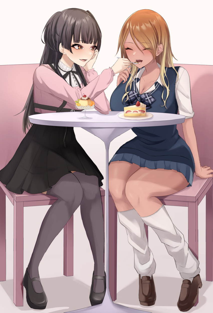 2girls ^_^ black_hair black_skirt black_thighhighs blue_skirt blue_vest bow bowtie breasts brown_hair cake cleavage closed_eyes dark-skinned_female dark_skin feeding food full_body gyaru hand_on_own_cheek hand_on_own_face highres idolmaster idolmaster_shiny_colors izumi_mei jirai_kei knees_together_feet_apart kogal large_breasts looking_at_viewer loose_socks mayuzumi_fuyuko multiple_girls open_collar pink_shirt plaid plaid_bow plaid_bowtie pudding school_uniform shirt simple_background sitting skirt socks ssrg_srrg strawberry_shortcake thighhighs vest white_background white_shirt