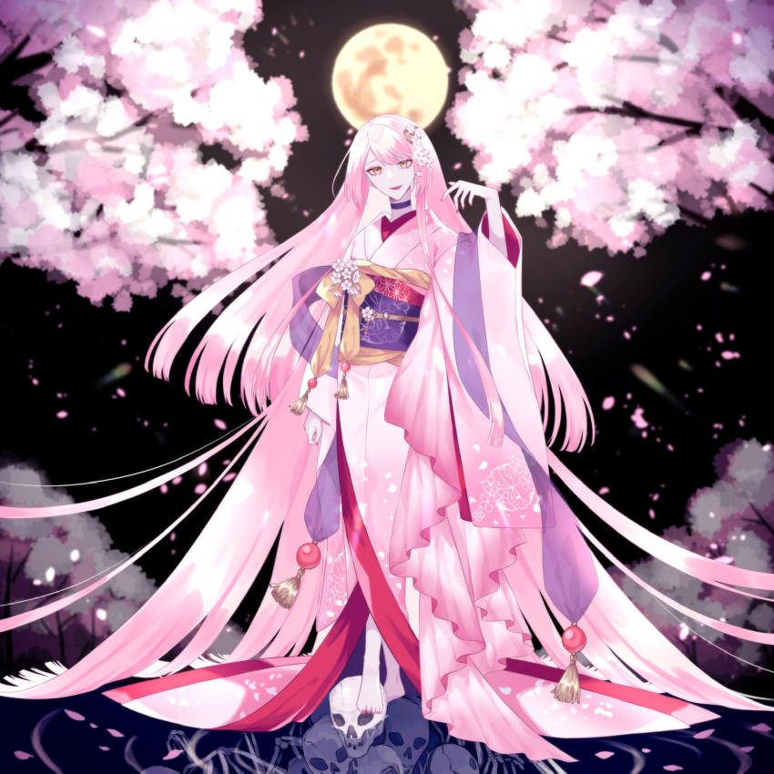 1girl akikawa_higurashi barefoot black_choker blunt_ends cherry_blossoms choker eyeshadow falling_petals flower flower_ornament full_body full_moon hair_flower hair_ornament hand_up highres japanese_clothes kanzashi kimono long_hair makeup moon nail_polish night obi obiage obijime original parted_lips petals pink_eyeshadow pink_flower pink_hair pink_kimono pink_nails pink_theme purple_sash purple_shawl red_sash ripples sash see-through see-through_shawl shawl sidelocks skeleton skull smile solo standing standing_on_liquid stepping swept_bangs tassel toenail_polish toenails tree very_long_hair water wide_sleeves yellow_eyes