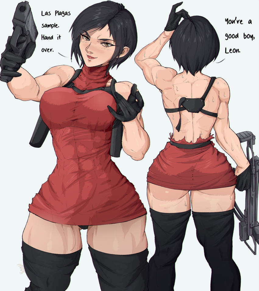 1girl ada_wong alternate_muscle_size back black_hair crossbow dress english_text gloves gun handgun highres looking_at_viewer muscular muscular_female red_dress resident_evil resident_evil_4 short_hair solo thick_thighs thighhighs thighs torn_clothes torn_dress weapon white_background yoracrab
