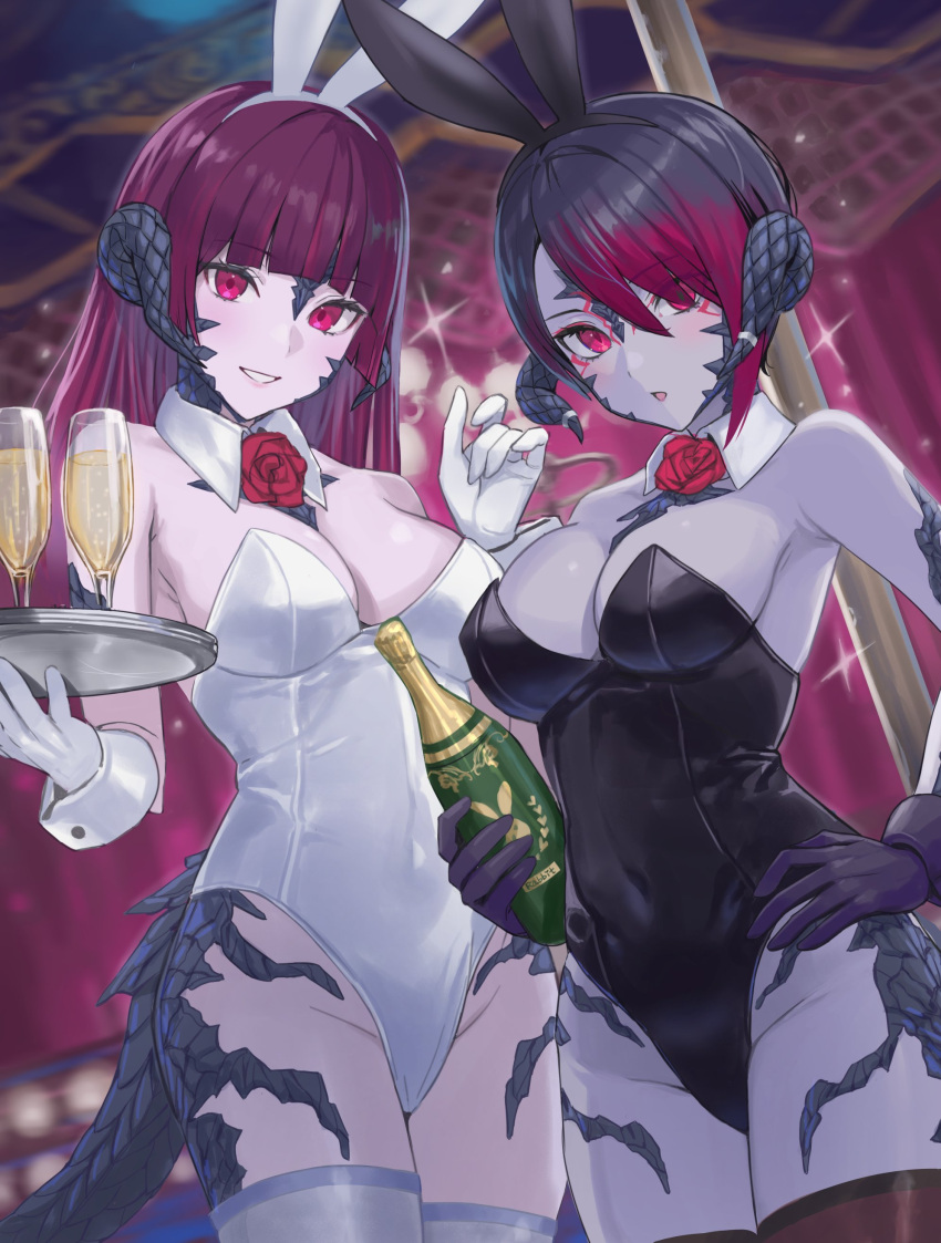 2girls absurdres animal_ears au_ra black_gloves black_hair black_horns black_leotard blunt_bangs bottle breasts champagne_bottle champagne_flute cleavage colored_skin commentary commission cowboy_shot cup detached_collar dragon_girl dragon_horns dragon_tail drinking_glass enporion eyes_visible_through_hair fake_animal_ears final_fantasy final_fantasy_xiv flower gloves gradient_hair hair_over_one_eye hand_on_own_hip hand_up highleg highleg_leotard highres holding holding_bottle holding_plate horns large_breasts leotard long_hair looking_at_viewer multicolored_hair multiple_girls parted_lips plate playboy_bunny purple_hair rabbit_ears red_eyes red_flower red_rose rose scales short_hair skeb_commission smile strapless strapless_leotard tail thighhighs warrior_of_light_(ff14) white_gloves white_leotard white_thighhighs