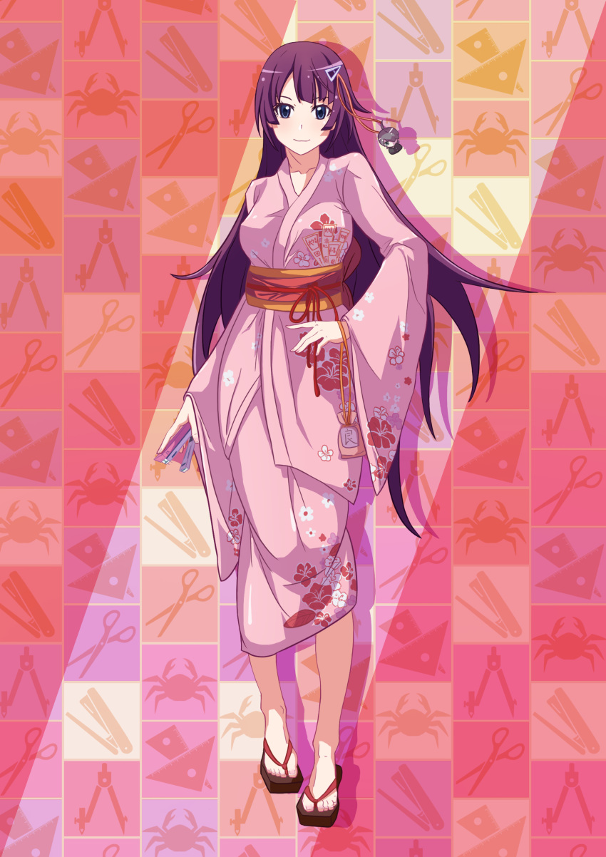 1girl absurdres alternate_costume araragi_koyomi bakemonogatari blue_eyes blush breasts closed_mouth commentary floral_print full_body hair_ornament hand_on_own_hip highres holding japanese_clothes kimono long_hair long_sleeves looking_at_viewer mcyw medium_breasts monogatari_(series) obi obijime pink_background pink_kimono print_kimono purple_background purple_hair revision sandals sash senjougahara_hitagi solo standing stapler toenails toes very_long_hair wide_sleeves