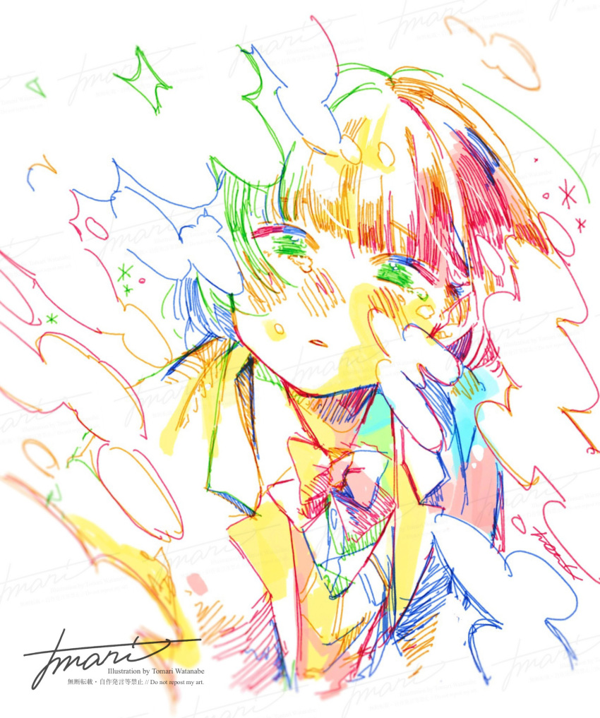 1girl artist_name blunt_bangs blush bow bowtie cardigan_vest collared_shirt colorful hatching_(texture) highres jacket looking_at_viewer open_clothes open_jacket original procreate_(medium) school_uniform shirt short_hair signature simple_background solo tears upper_body watanabe_tomari watermark white_background winter_uniform