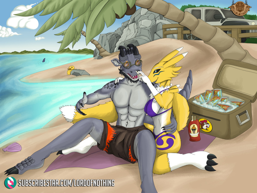 abs bandai_namco beach bikini bottomwear buc-ee's clothing cloud cooler digimon digimon_(species) digitigrade eyewear fur horn jeep kobold lordofnothin1 lotion_bottle multicolored_body multicolored_fur orange_e palm_tree plant renamon rock rubber_duck sea seaside shadowdile shark_fin shell shorts summer sunglasses swimwear tree two_tone_body two_tone_fur water