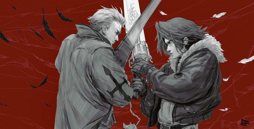 2boys belt belt_buckle black_feathers black_jacket buckle commentary english_commentary feathers final_fantasy final_fantasy_viii from_side fur-trimmed_jacket fur_trim gloves greyscale_with_colored_background gue_yang gunblade holding holding_sword holding_weapon inktober jacket long_sleeves looking_at_another looking_at_viewer male_focus multiple_boys profile red_background scar scar_on_face scar_on_forehead seifer_almasy short_hair signature simple_background squall_leonhart sword upper_body weapon white_feathers
