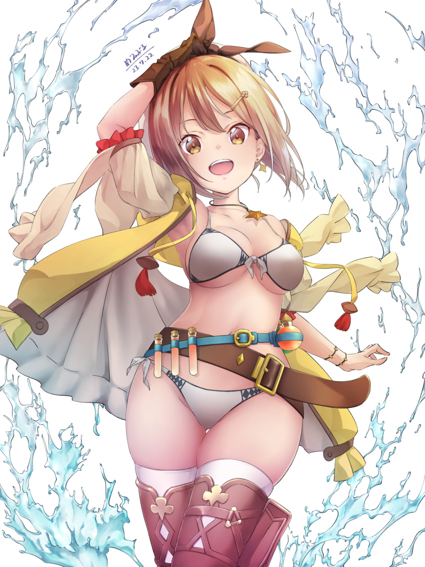 1girl :d atelier_(series) atelier_ryza atelier_ryza_1 belt belt_buckle bikini black_hairband boots bow_hairband breasts brown_belt brown_eyes brown_footwear brown_hair buckle commentary_request dated detached_sleeves flask hair_ornament hairband hairclip highres jacket jewelry medium_breasts mewiburu navel necklace reisalin_stout round-bottom_flask short_hair signature sleeveless sleeveless_jacket smile solo splashing star_(symbol) star_necklace swimsuit teeth test_tube thighhighs thighhighs_under_boots upper_teeth_only water white_bikini white_sleeves white_thighhighs yellow_jacket