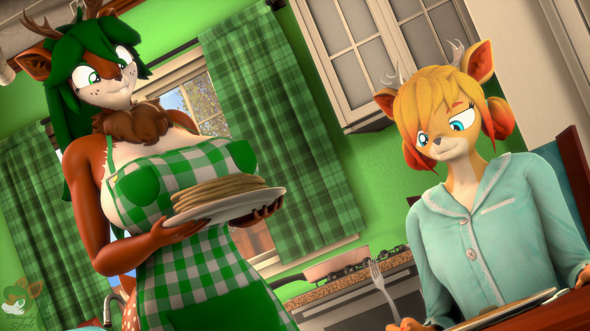 3d_(artwork) 4k absurd_res anthro antlers apron apron_only big_breasts breakfast breasts buckteeth clothing daughter deer digital_media_(artwork) dongly12 duo female food hi_res horn mammal mature_female mostly_nude mother mother_and_child mother_and_daughter pajamas pancake parent parent_and_child source_filmmaker tea_tree_(donglysfm) teeth