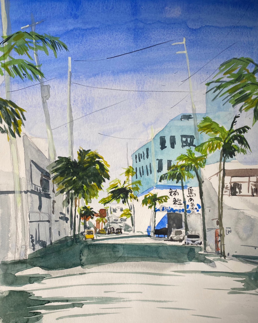 blue_sky building cloud cloudy_sky highres original painting_(medium) palm_tree power_lines sakaue111 shadow sky sunlight traditional_media tree utility_pole watercolor_(medium) window